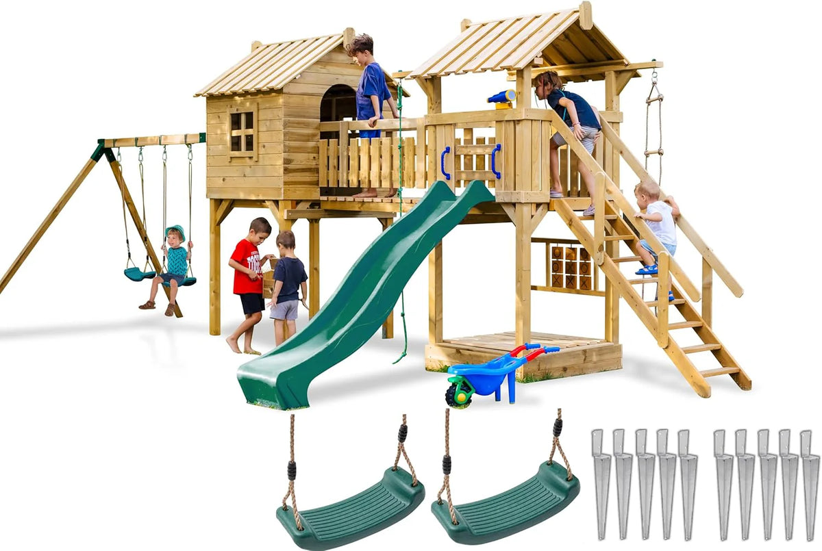 Plac Zabaw Dla Dzieci Mała Kraina Zabawy Zjeżdżalnia Domek Dla Dzieci 2X Huśtawka Piaskownica +Gratis (Czerwony)(Zielony)
