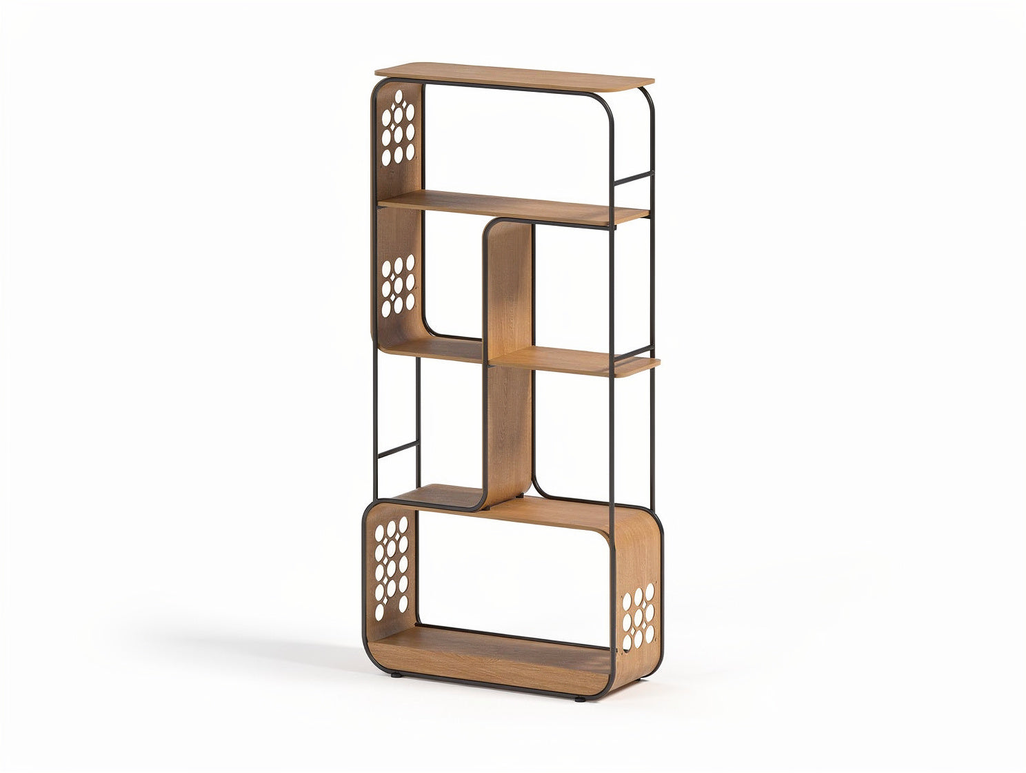 **Stylowa półka z drewna i metalu – nowoczesny design z perforowanymi detalami**