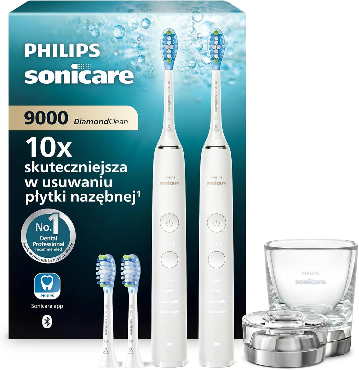 Szczoteczka Elektryczna Philips Sonicare Diamondclean 9000, Podwójne Opakowanie, Szczoteczka Soniczna Z Aplikacją, Czujnik Nacisku, Szklanka Do Ładowa