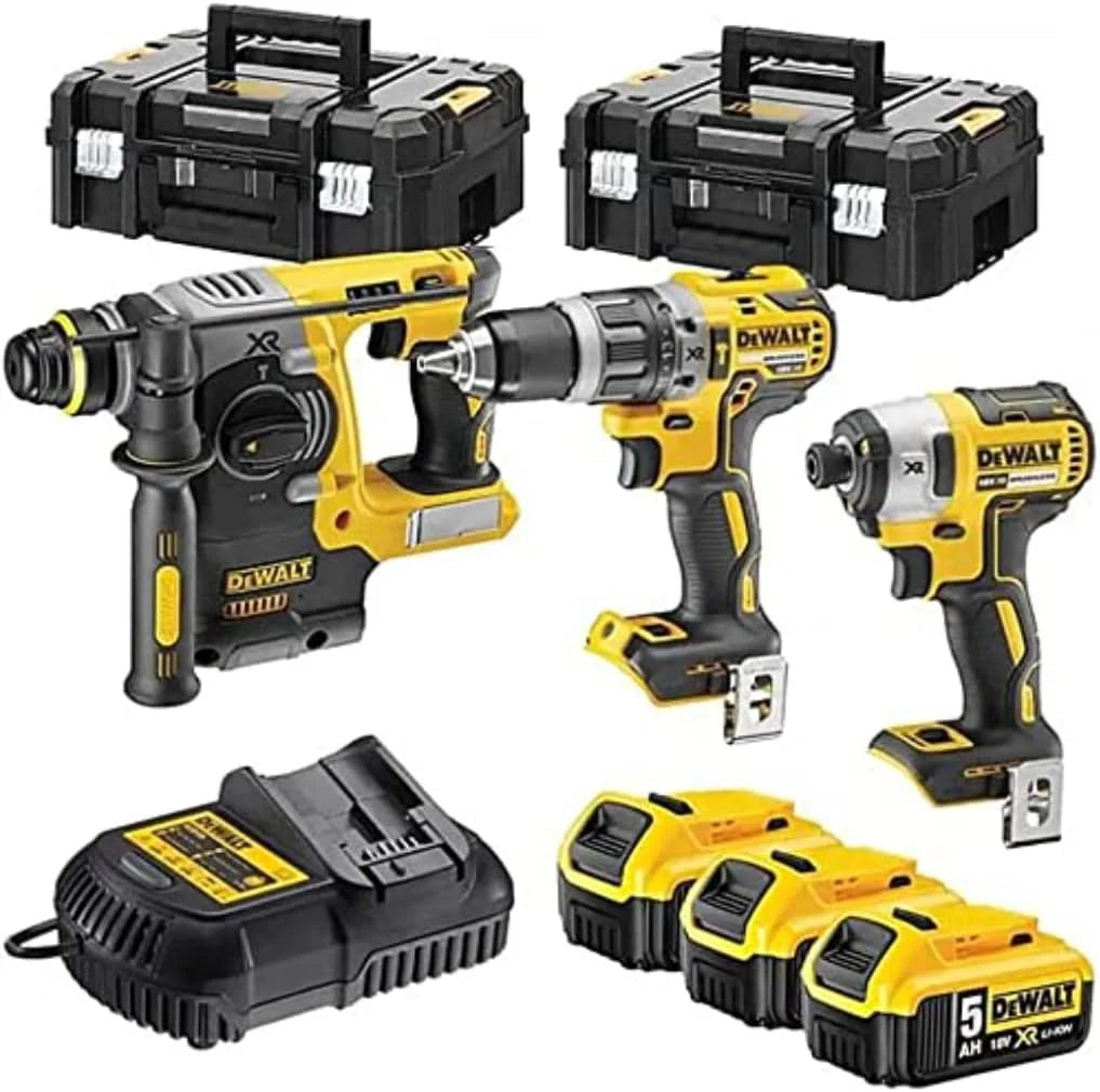 Dewalt Zestaw 3 Narzędzi Xr 18 V Bezszczotkowa Wiertarka Kompaktowa Wkrętarka, Wkrętarka Udarowa, Dziurkacz Sds-Plus, Xr 18 V 5 Ah Li-Ion, 3 Baterie,